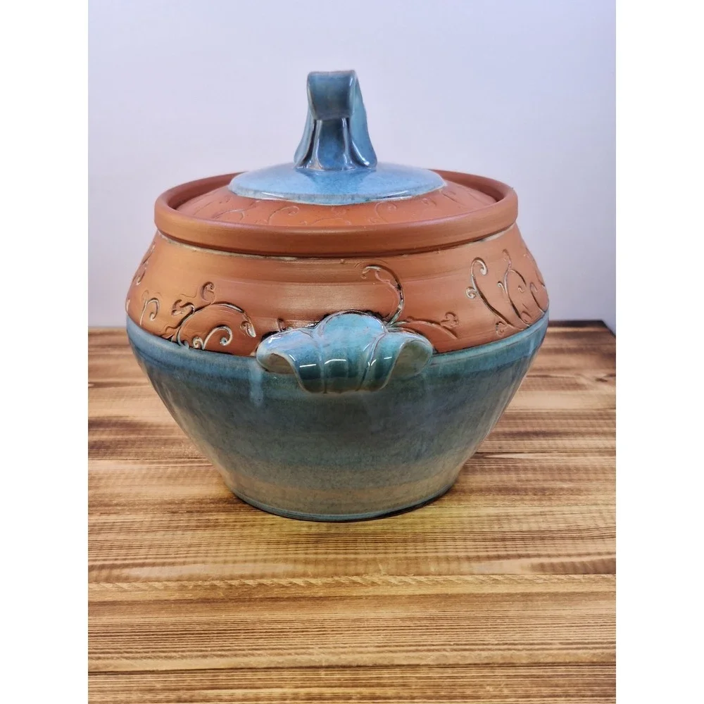 Wendy Summers Pottery Red Clay Bean Crock Pot Artisan Floral Blue Drip Glaze 5x6